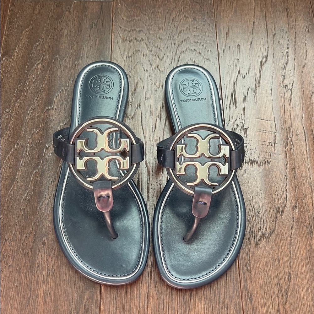 Tory Burch Navy Blue Sandals with Gold Emblem